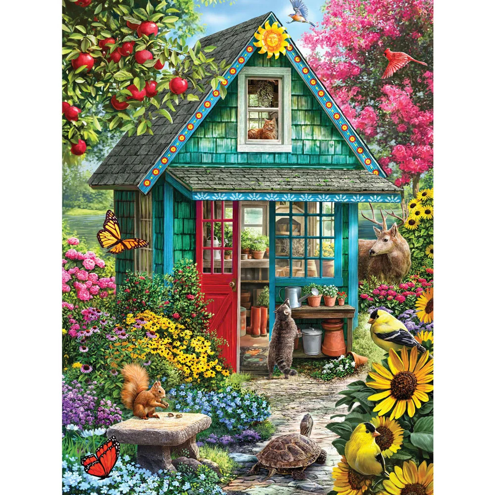 Turquoise cottage with red door in colorful flower garden with birds and butterflies