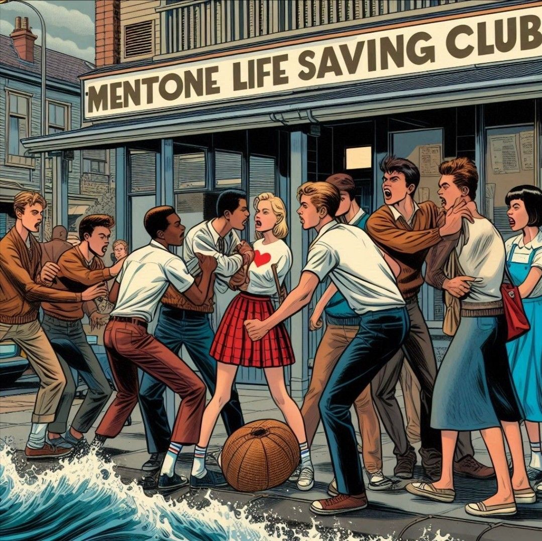 Vintage illustration of youths arguing outside the Mentone Life Saving Club by the shore