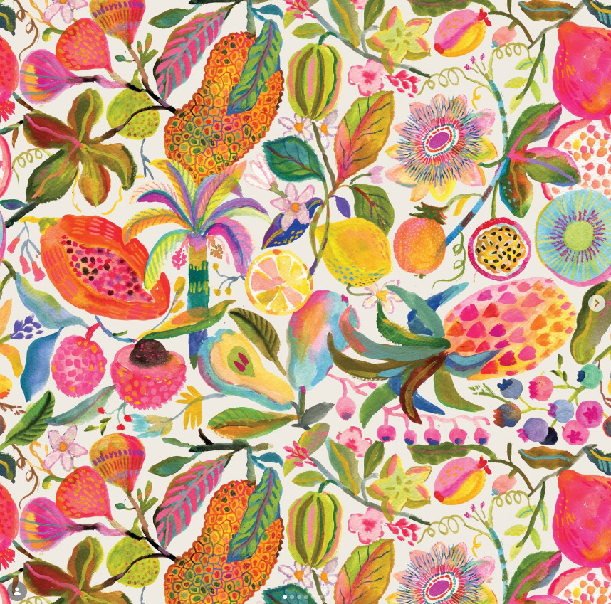 Colorful illustration of tropical fruits, leaves, and flowers in a repeating pattern