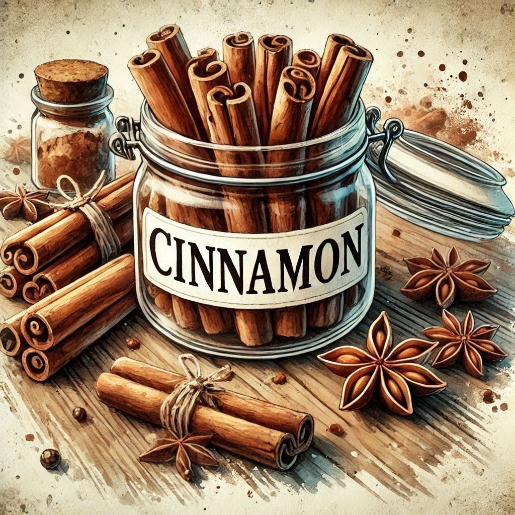 Glass jar labeled Cinnamon filled with sticks, surrounded by star anise and spice bundles on wood