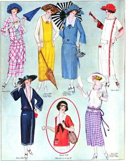 Vintage 1920s fashion illustration showing seven women in period dresses, suits, and hats