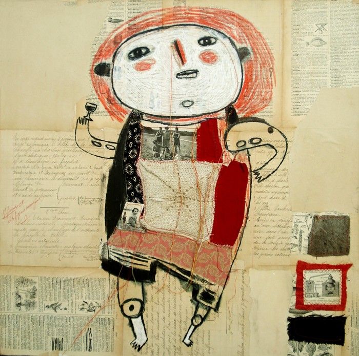 Mixed media collage artwork of a childlike girl figure with red hair on layered paper and text background