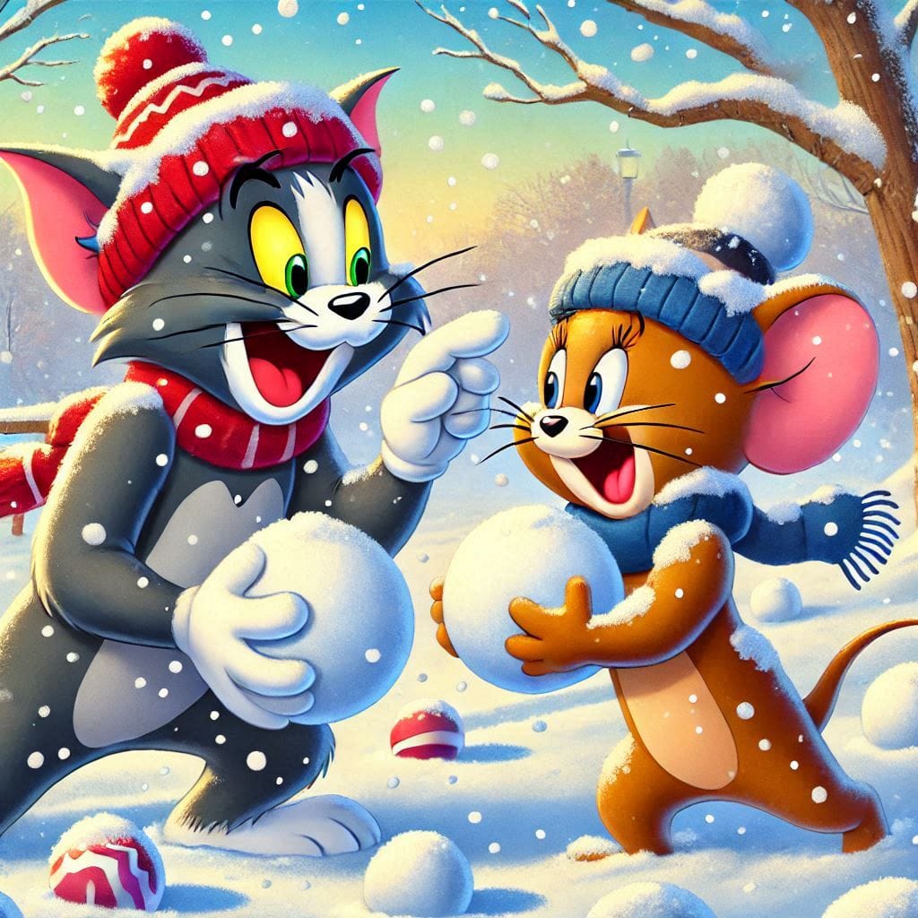 Tom and Jerry cartoon characters having a snowball fight in winter clothing
