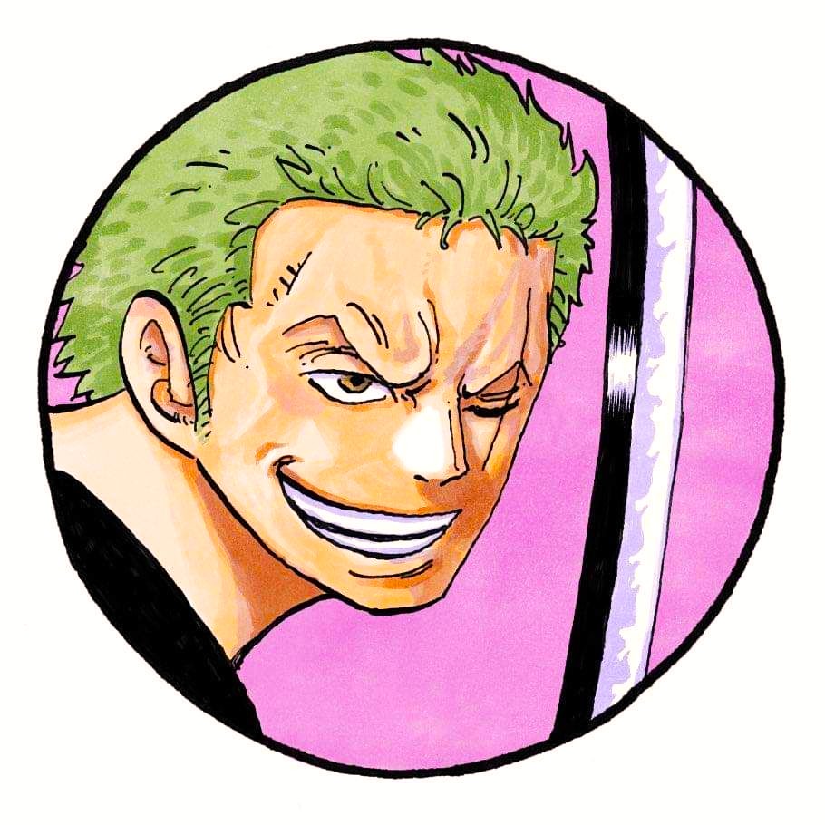 Anime portrait of Zoro with green hair and earrings smiling confidently