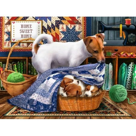 Two Jack Russell Terrier puppies in wicker baskets with blue quilts in a rustic kitchen setting