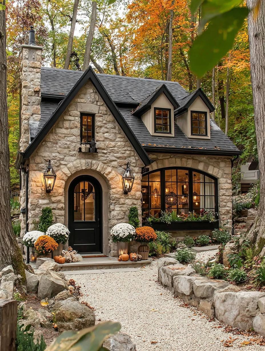 Stone cottage house with lit windows, autumn flowers, and a curved path in the woods