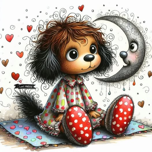 Cute cartoon dog in a polka dot dress sitting beside a smiling crescent moon