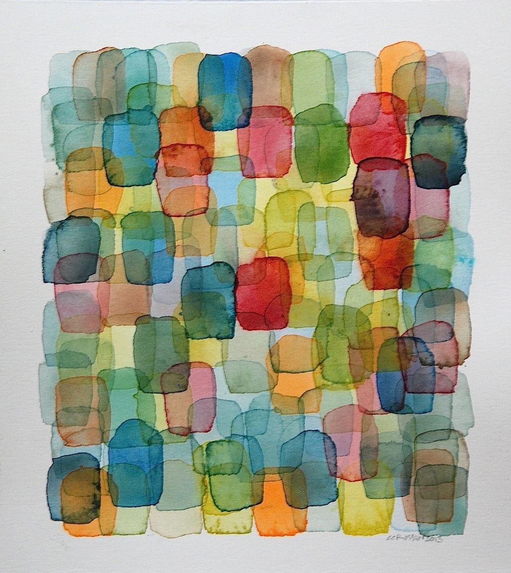 Abstract grid pattern of overlapping translucent watercolor squares in multiple colors