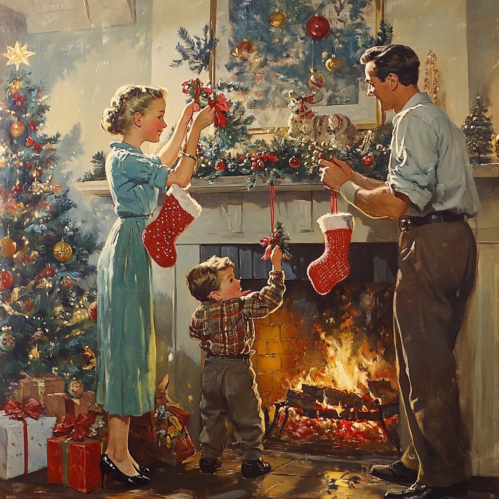 Vintage painting of family decorating Christmas tree beside fireplace with child hanging ornaments