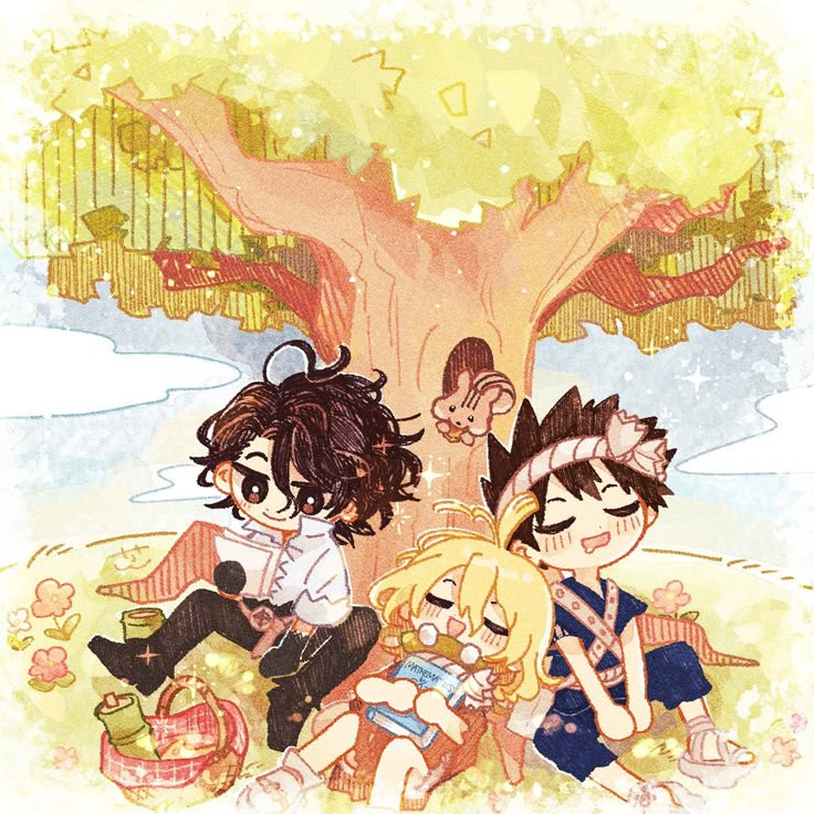 Chibi anime characters from Dr. Stone sitting together under a golden autumn tree