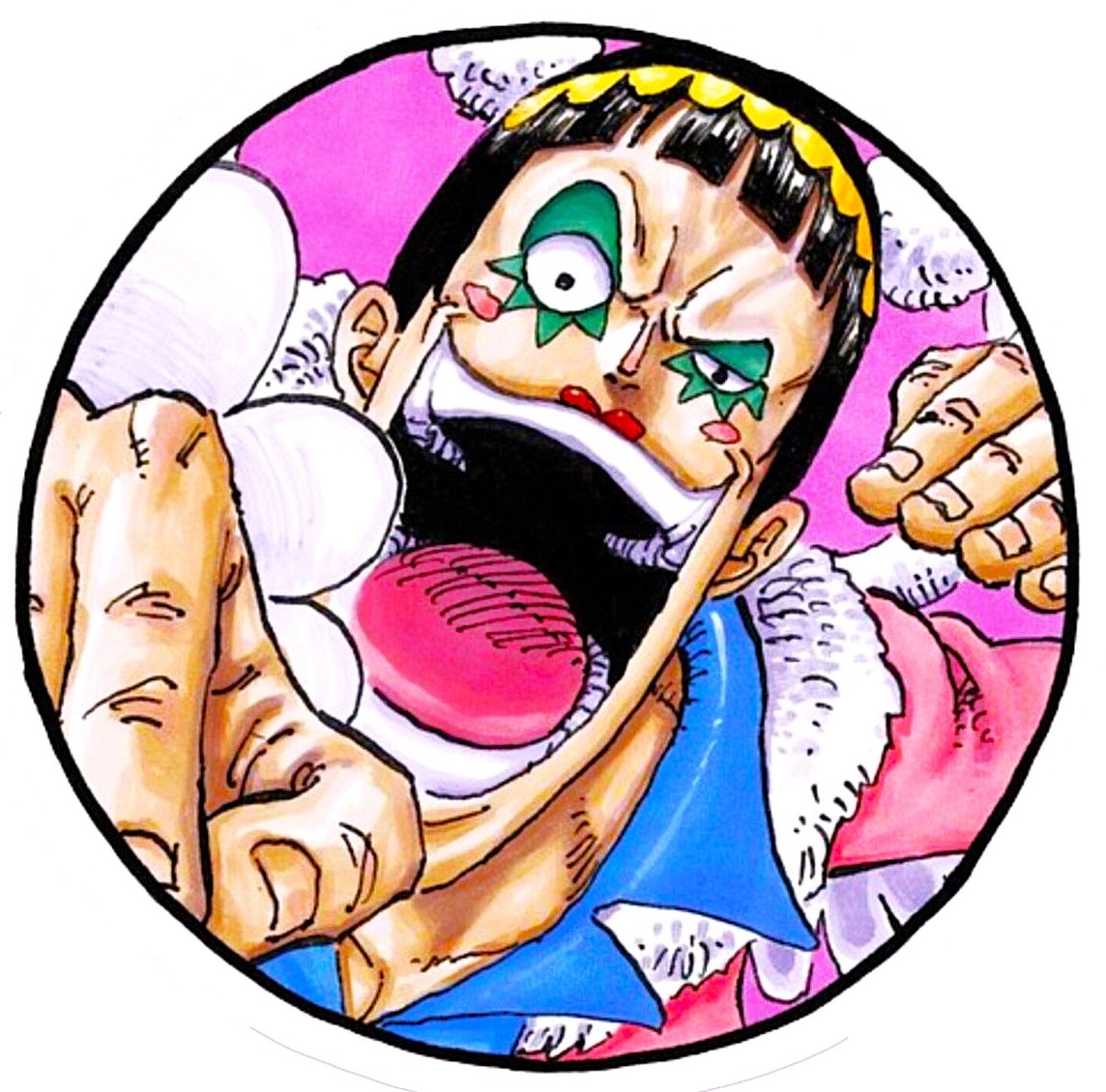 Anime character Luffy screaming with shocked expression and wide open mouth in colorful circular frame