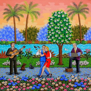 Naive folk art painting showing a couple dancing tango in a park with flowering trees, palm trees, and musicians