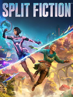 Split Fiction video game cover art with two characters leaping across a colorful sci-fi fantasy world