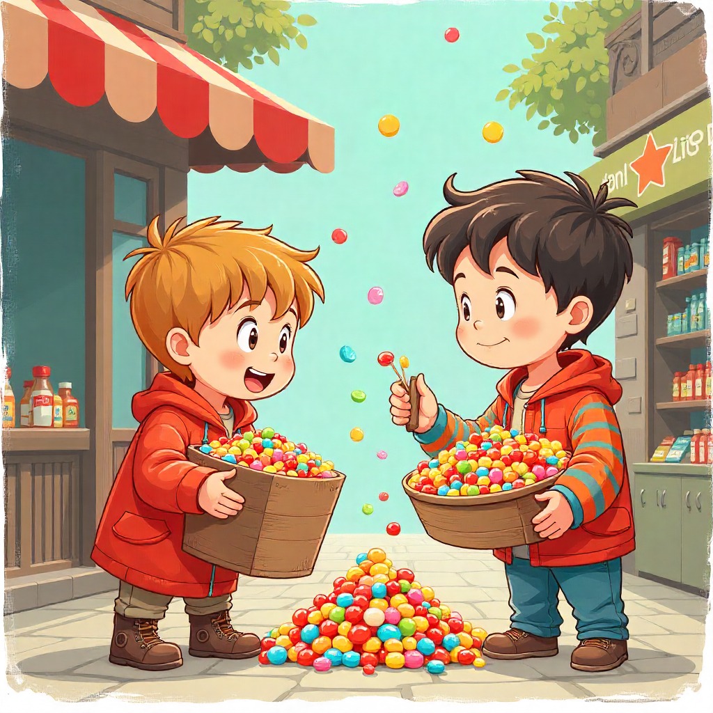 Two cartoon boys in red jackets holding bowls of colorful candy, sharing together outdoors