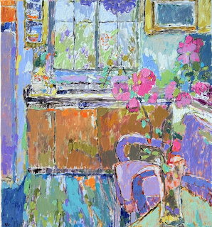 Impressionist painting of a purple kitchen interior with pink flowers and a window overlooking greenery