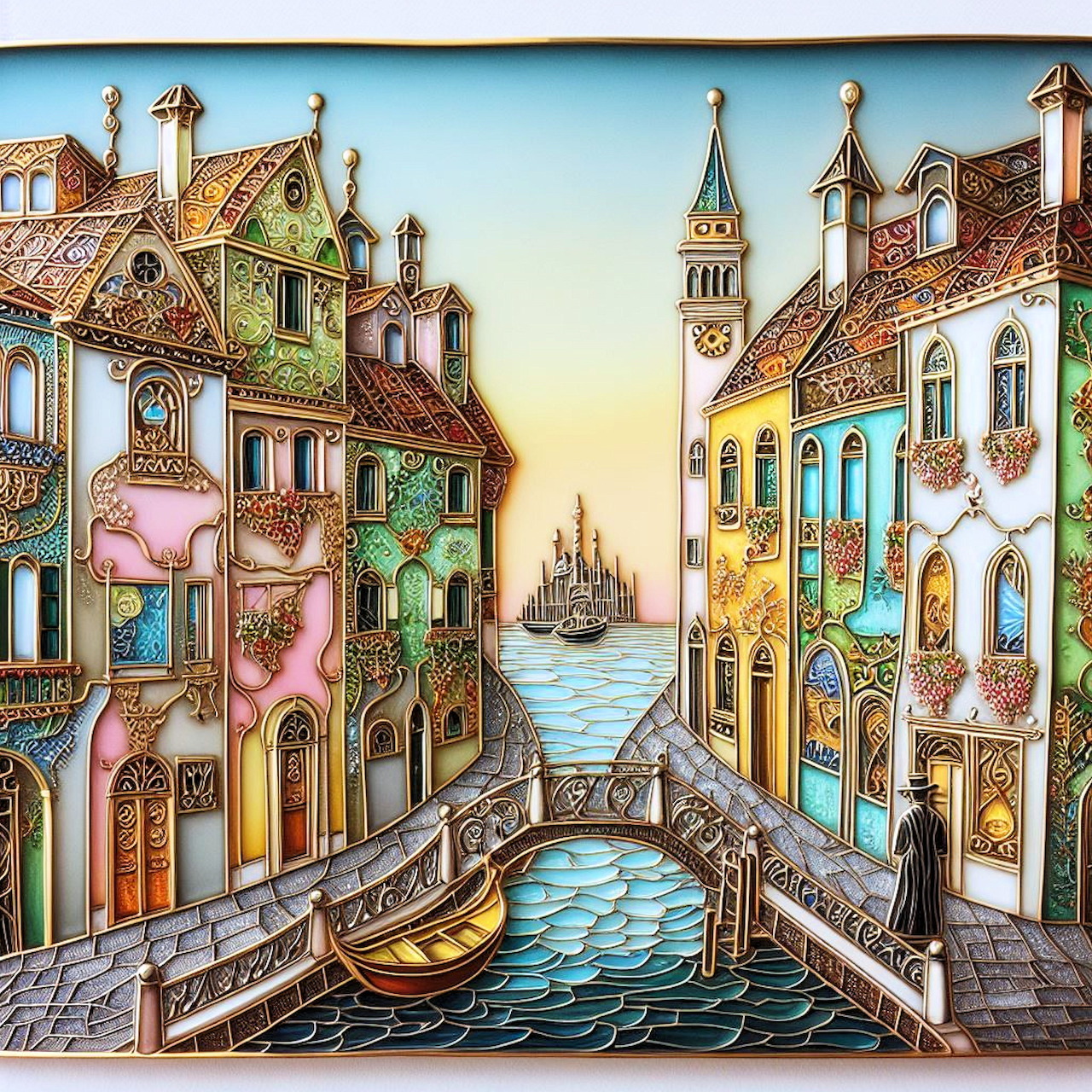 Watercolor painting of a Venetian canal with colorful buildings, gondolas, and a campanile tower