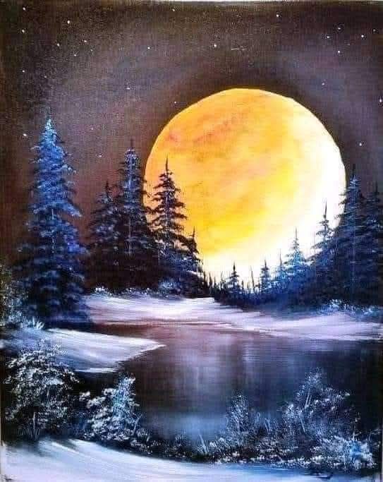 Painting of a bright full moon over snowy pine trees and a calm lake at night