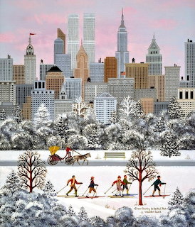 Folk art winter scene showing cross-country skiers in snowy Central Park with NYC skyline and pink sky