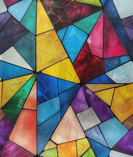 Colorful stained glass quilt pattern with geometric triangles in rainbow hues