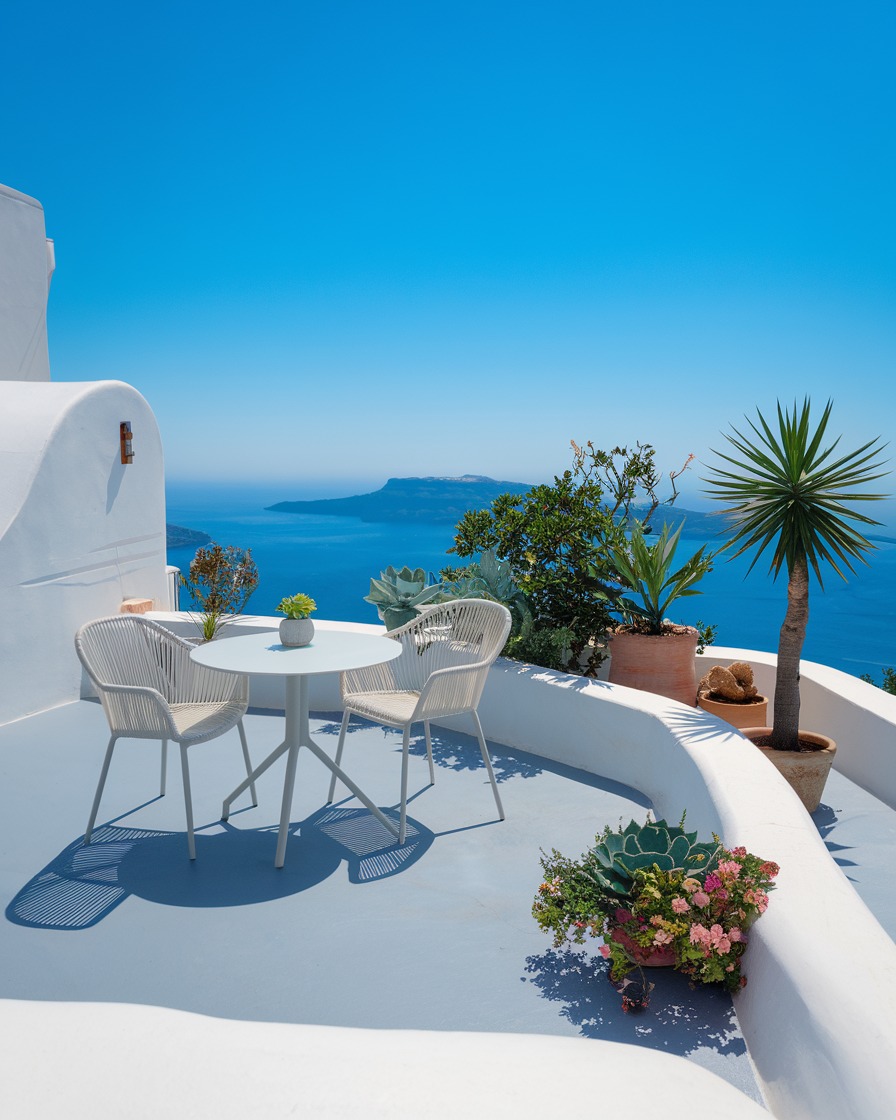 White terrace with table, chairs and tropical plants overlooking the Aegean Sea in Santorini, Greece