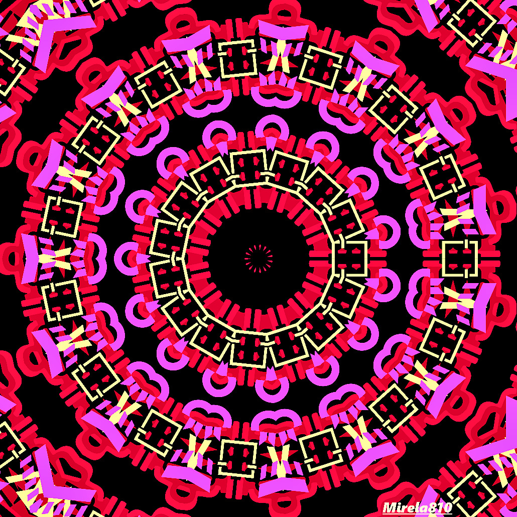 Pink and black symmetrical mandala with geometric patterns radiating from center