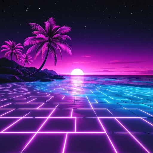 Neon synthwave sunset over the ocean with glowing palm trees and a retro grid foreground
