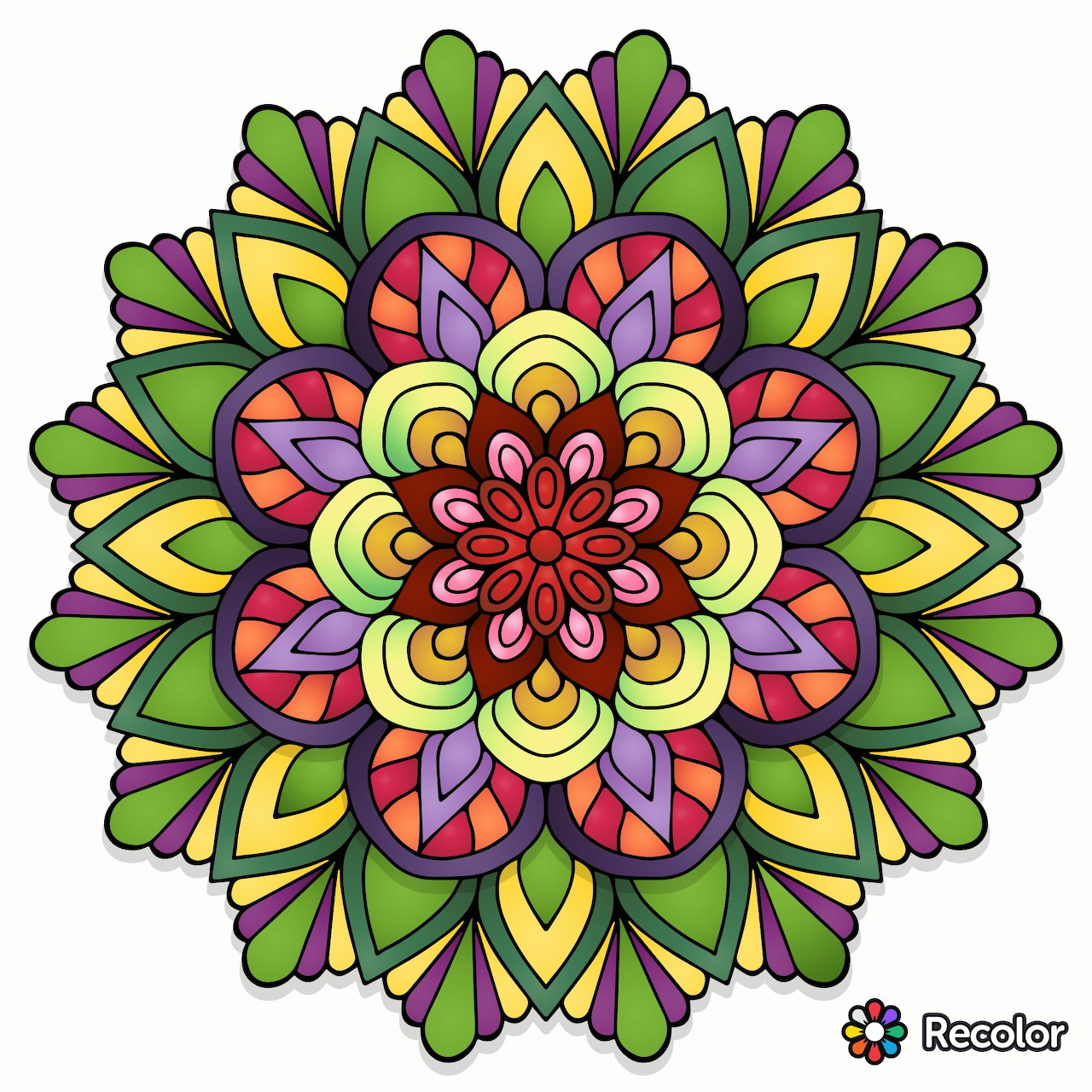 Symmetrical floral mandala with vibrant multicolored petals in green, yellow, pink and purple layers