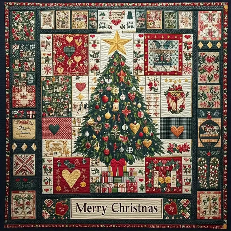 Patchwork quilt with central Christmas tree surrounded by festive fabric squares and Merry Christmas banner