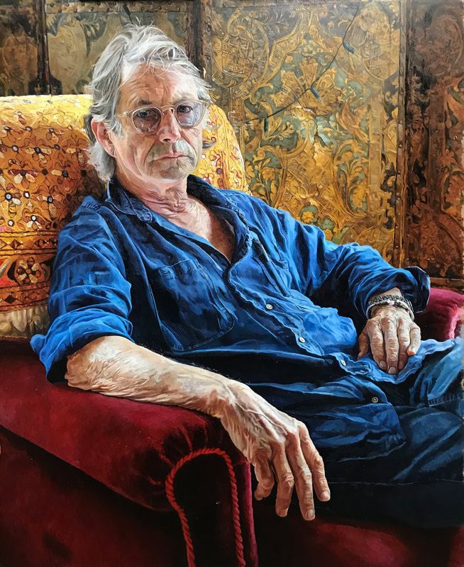 Painted portrait of an older man in blue clothes sitting in a red armchair indoors