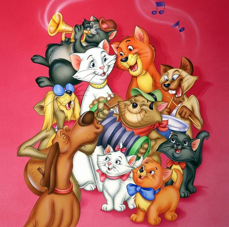 Group of cartoon cats from Disney's Aristocats, some holding musical instruments, arranged on pink background