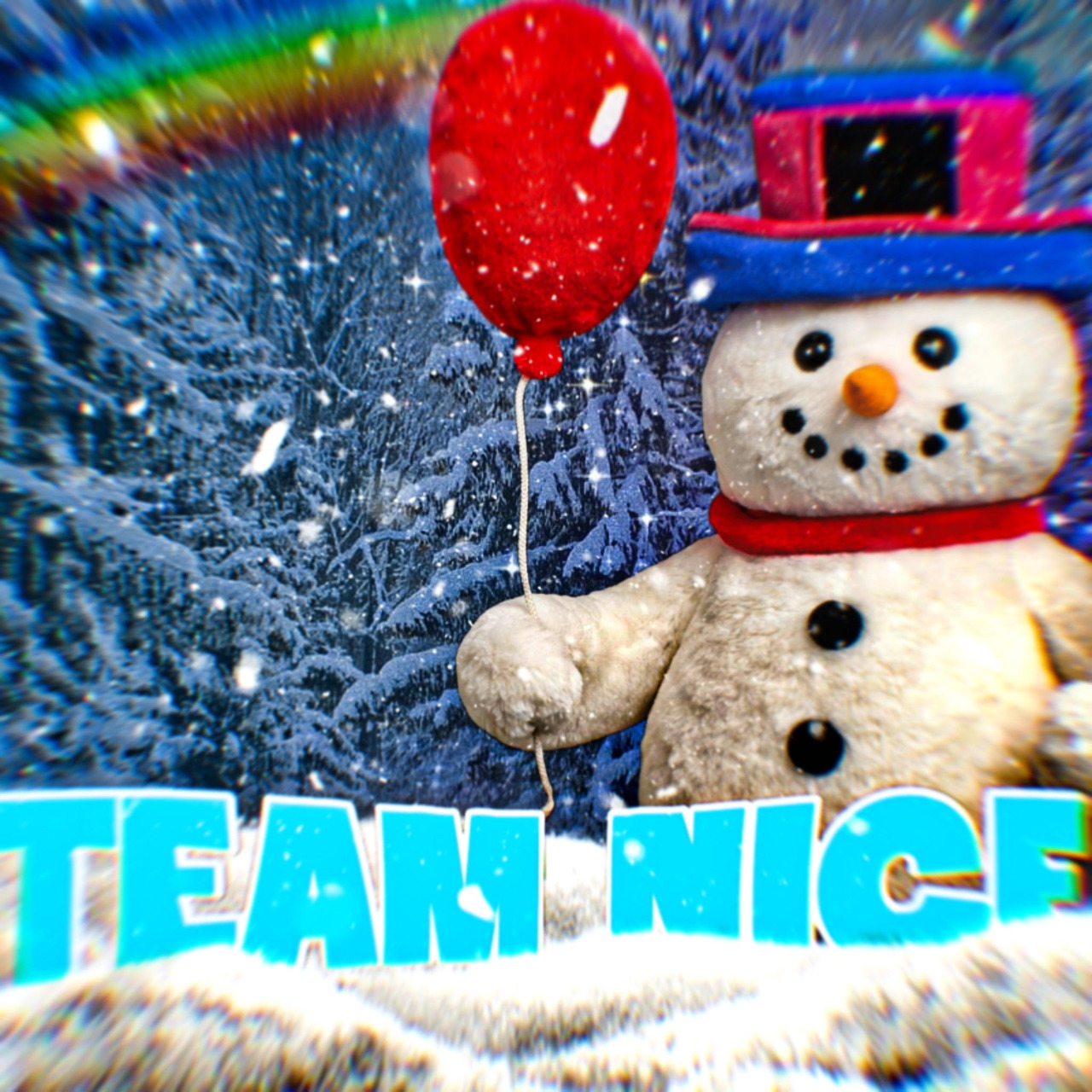 Snowman with carrot nose holding red balloon next to frosted Christmas tree in snowy scene