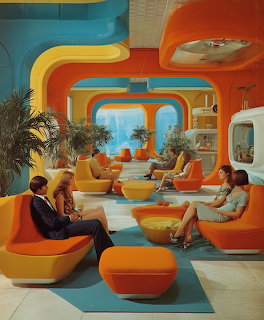 Retro futuristic lounge interior with orange and yellow curved furniture and people sitting in colorful space-age room