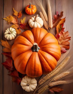 Large orange pumpkin surrounded by smaller white pumpkins, wheat stalks, and autumn leaves on wood surface
