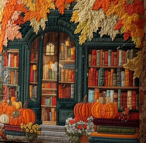 Ornate bookshelves with autumn leaves and pumpkins in fall colors