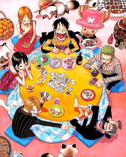 One Piece anime characters gathered around a table with food, drinks, and playing cards