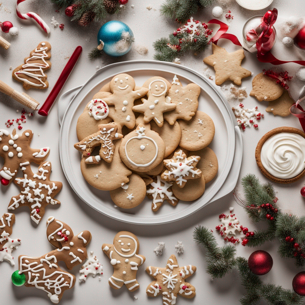 Decorated Christmas cookies on a plate with candy canes, ornaments, and pine branches