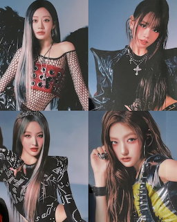 Collage of four K-pop female artists in dark edgy fashion outfits