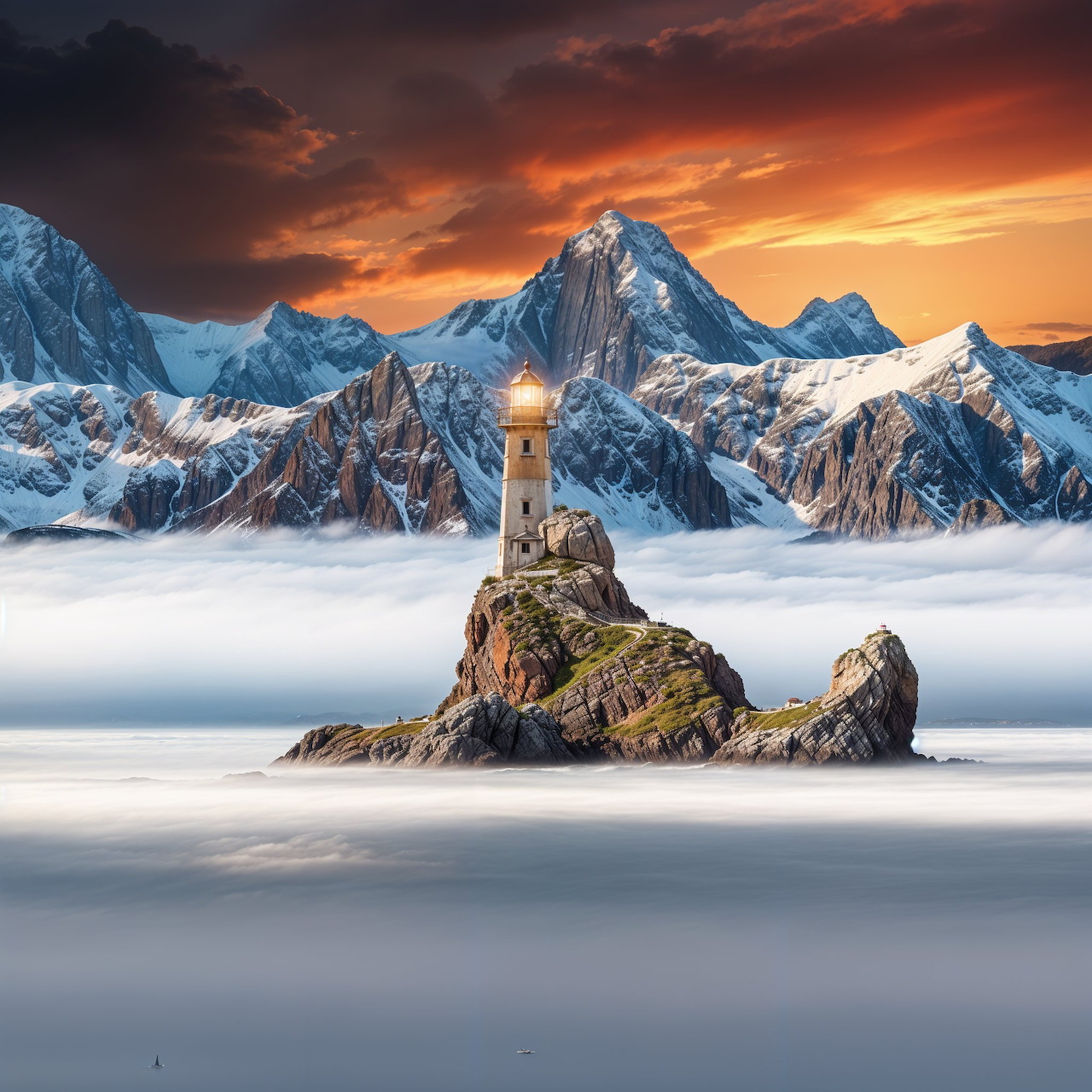 Lighthouse on rocky outcrop with mountains and sunset sky above misty fog