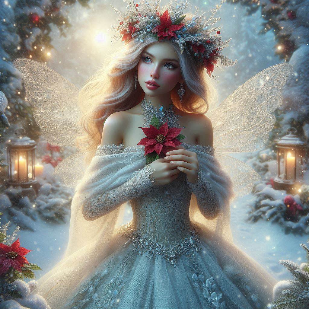 Fairy woman with wings and poinsettia wreath in snowy winter scene