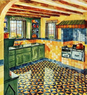 Vintage illustration of a 1920s kitchen with colorful tiles, green cabinets, and wooden beams
