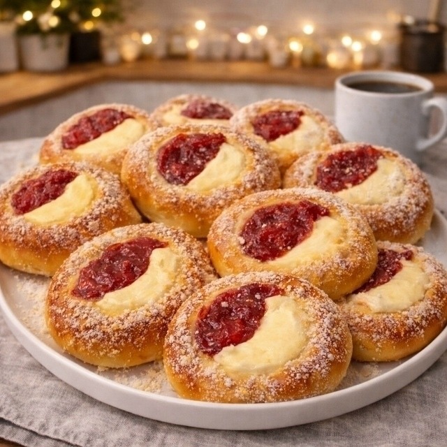 Sweet round pastries with sugar coating and red jam centers on white plate
