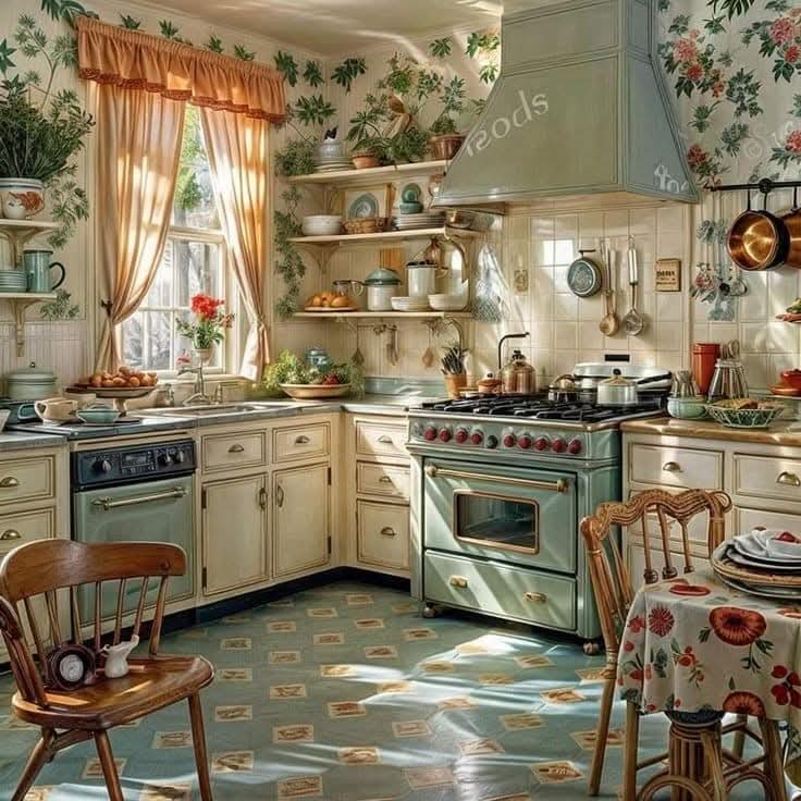 Vintage cottage kitchen with floral wallpaper, cream cabinets, retro appliances, and wooden chairs on checkered floor