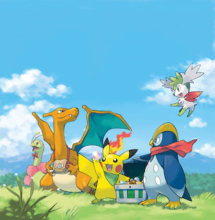 Group of Pokemon characters including Pikachu and Charizard on a grassy field with blue sky and mountains