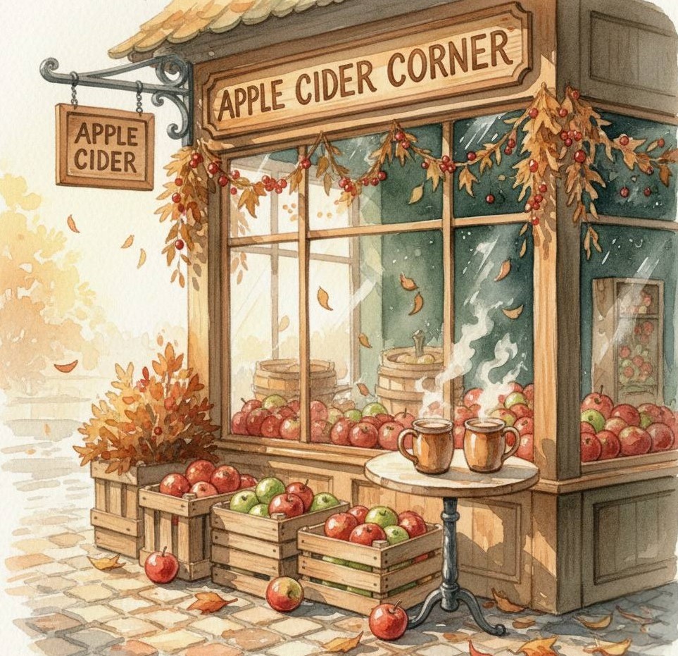 Cozy autumn apple cider market stall with wooden crates, red apples, and fall leaves in warm sunlight