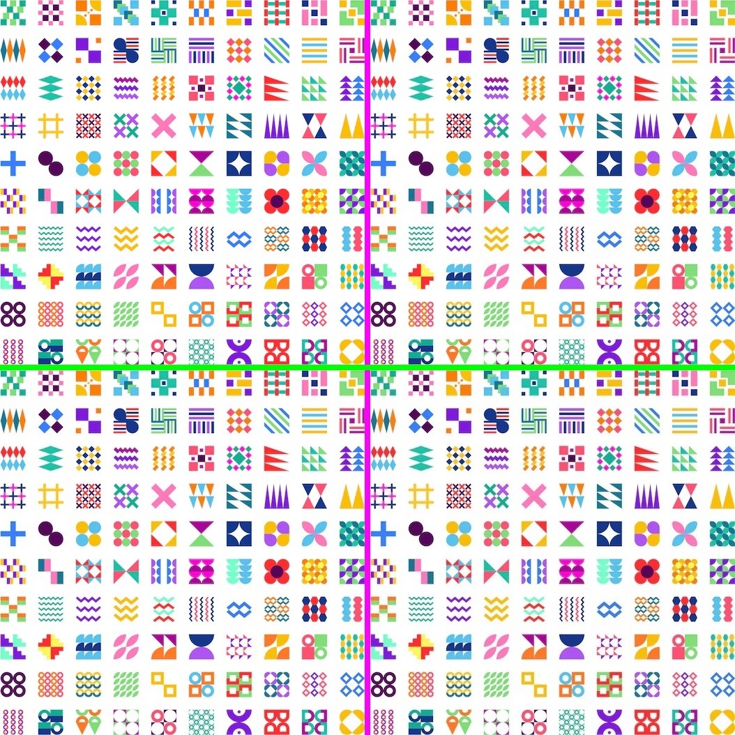 Grid of colorful geometric patterns and symbols separated by pink lines