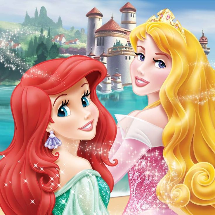 Disney princesses Aurora and Ariel smiling together with castle and turquoise ocean in background