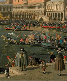 Oil painting showing Venice Grand Canal with many gondolas, crowds in period dress, and historic palaces on Ascension Day