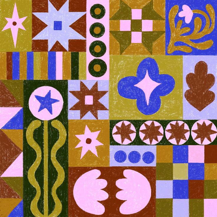 Colorful quilt-style patchwork illustration with geometric blocks, stars, stripes, and floral shapes