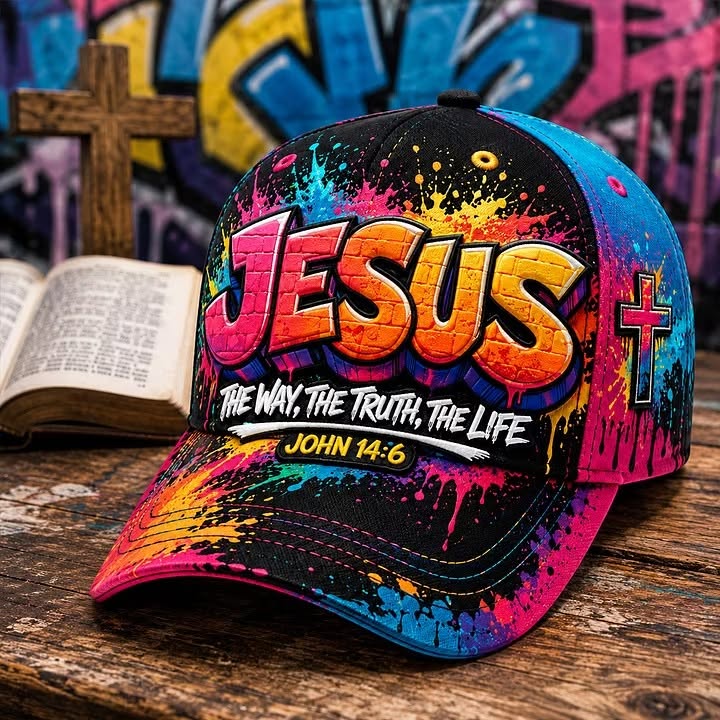 Colorful Jesus baseball cap beside an open Bible and wooden cross