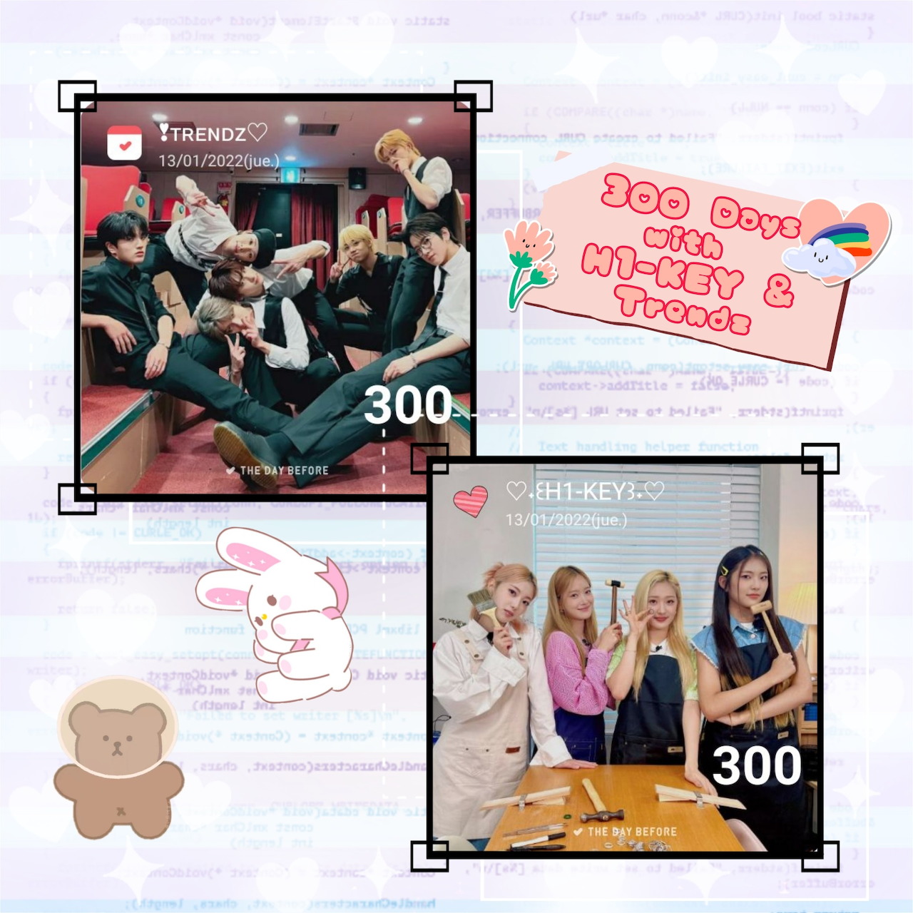 Pastel collage with two K-pop group photos, handwritten notes, and cute bunny and bear doodles